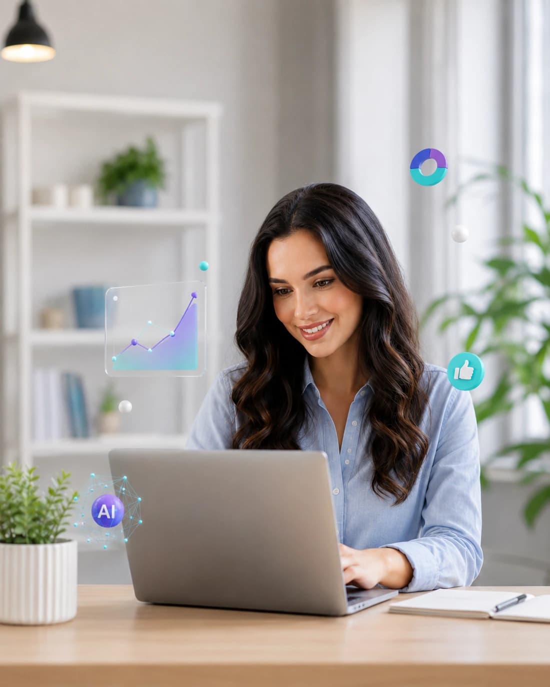 Emprendedora trabajando en su computador en una oficina luminosa, rodeada de gráficos de crecimiento flotantes y elementos de inteligencia artificial