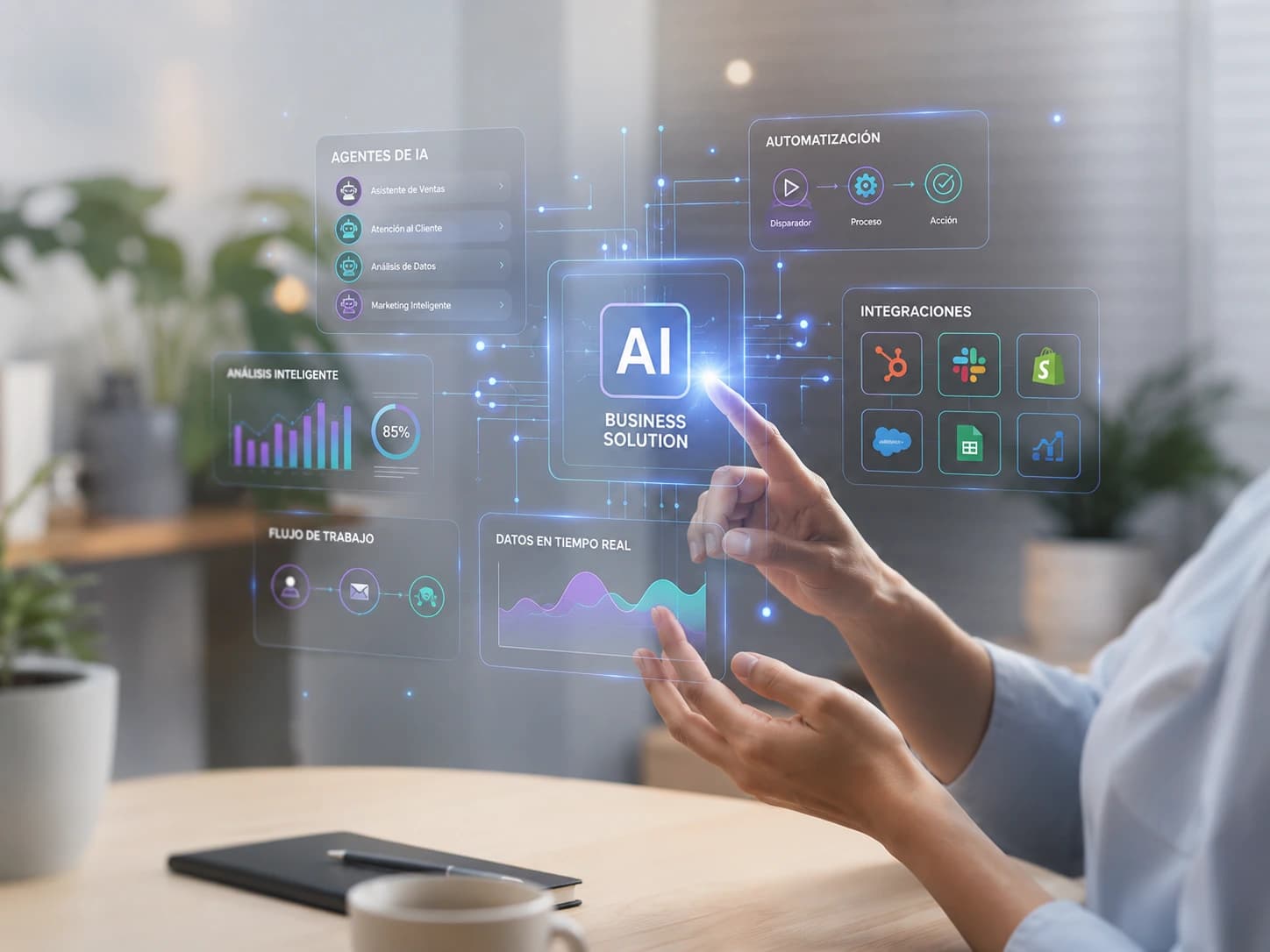 Manos interactuando con una interfaz holográfica de inteligencia artificial que muestra agentes, automatizaciones, análisis e integraciones conectadas entre sí