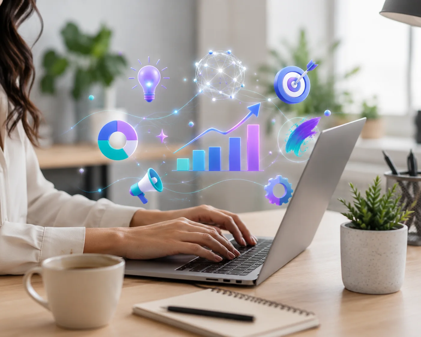 Persona trabajando en su computador mientras flotan íconos de estrategia, creatividad, crecimiento y automatización