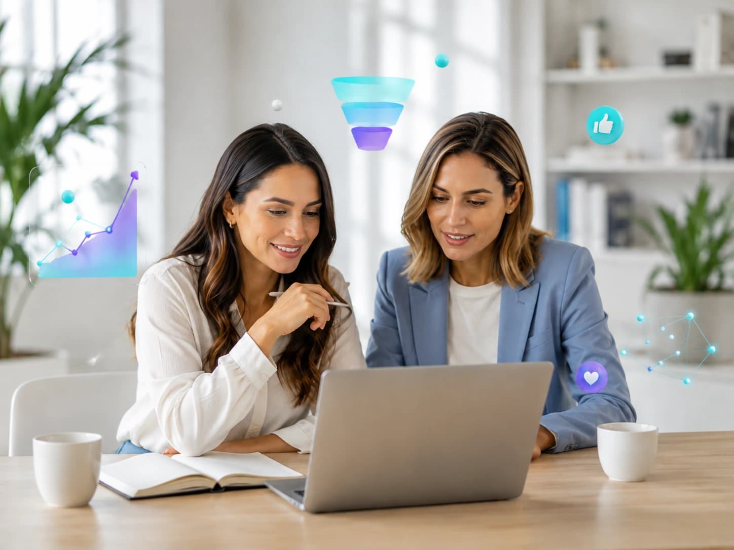 Dos profesionales revisando juntas una estrategia digital en un computador, con un embudo de conversión, un gráfico de crecimiento e íconos de interacción flotando alrededor