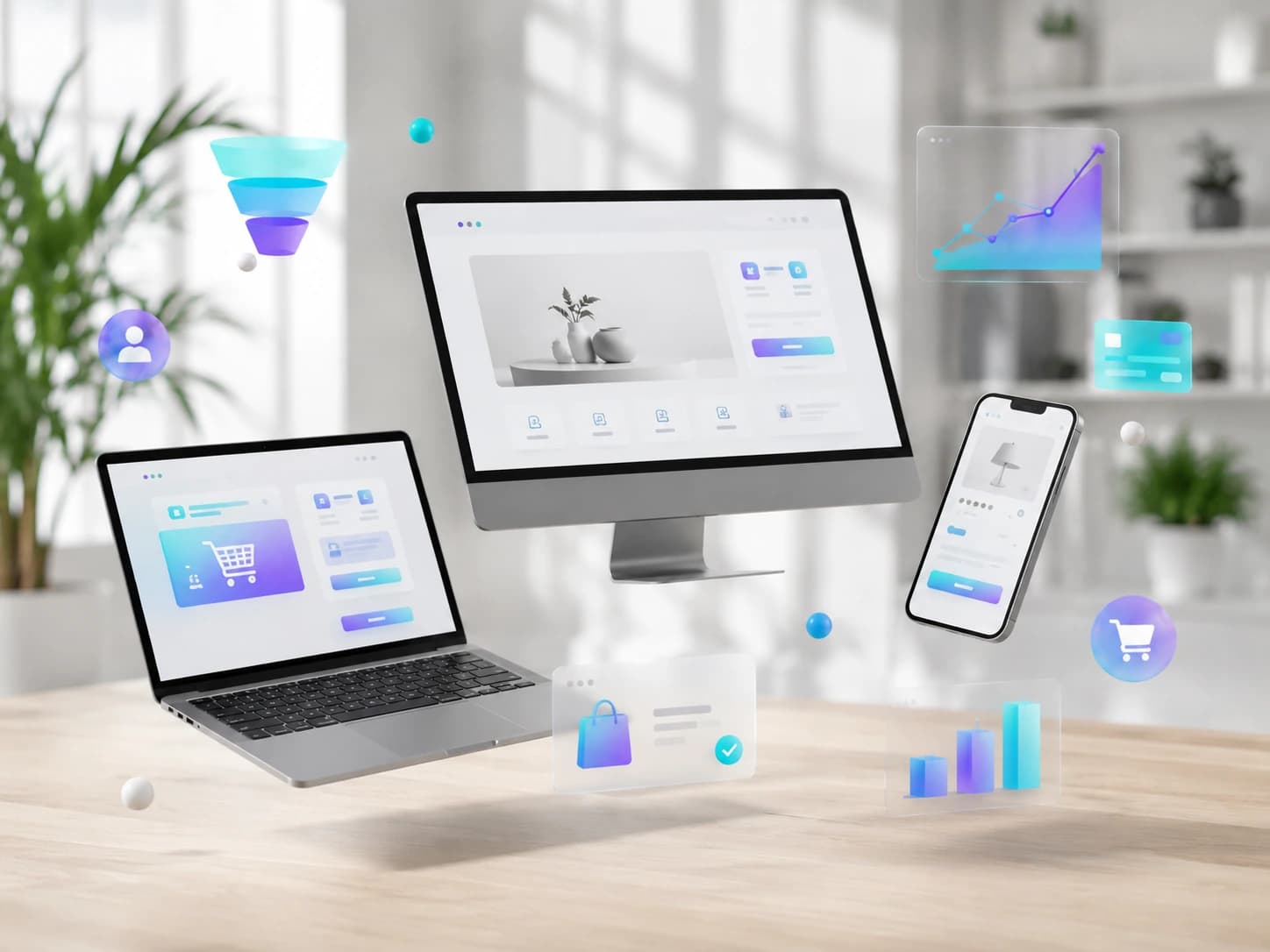 Monitor, notebook y teléfono flotando sobre un escritorio luminoso, mostrando una tienda online, un carrito de compras y gráficos de conversión